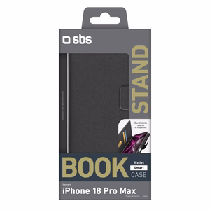 SBS Wallet Smart suojakuori mallille iPhone 18 Pro Max, lompakolla ja jalustalla – musta