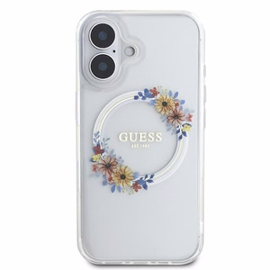 Guess IML Flowers Wreath MagSafe Suojakuori iPhone 16 Plus:lle - läpinäkyvä
