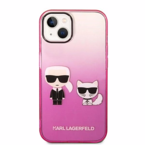 Karl Lagerfeld Gradient Ikonik Karl & Choupette Suojakuori iPhone 14 Pluslle - vaaleanpunainen