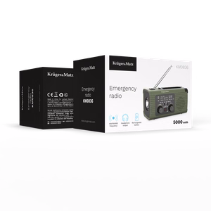 Kruger&Matz kannettava aurinkokäyttöinen SOS-hätäradio, 5000 mAh:n varavirtalähde, taskulamppu ja dynamo