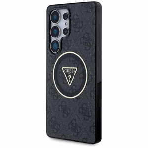 Guess 4G Glitter Triangle Buttons MagSafe -suojakuori Samsung Galaxy S25 Ultra musta