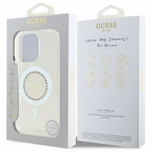 Guess IML Rhinestones MagSafe Suojakuori iPhone 16 Pro Maxille - valkoinen