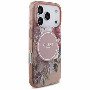 Guess IML Flowers Pearl Strap MagSafe suojakuori iPhone 17 Pro - pinkki