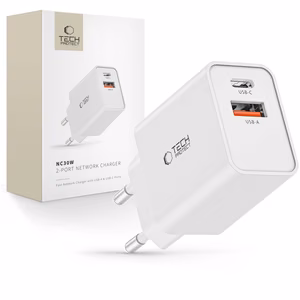 Tech-Protect NC30W USB-C PD 30W / USB-A QC 3.0 laturi - valkoinen