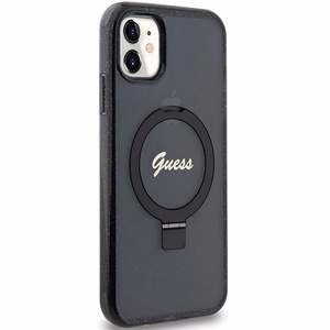 Guess Ring Stand Script Glitter MagSafe -suojakuori iPhone 11 / Xr:lle - musta