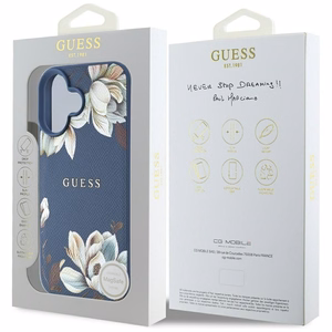 Guess suojakuori iPhone 16:lle MagSafe-tuella GUHMP16SPGNMPLMB (PU Grained Flowers Classic Logo) - sininen