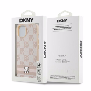 DKNY Leather Checkered Mono Pattern & Printed Stripes Case for iPhone 15 Plus / 14 Plus - Pink