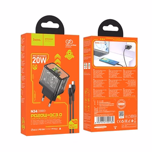 Puhelinlaturi Hoco USB A + USB C QC3.0 PD 3A 20W + kaapeli USB C - USB C N34 läpinäkyvä