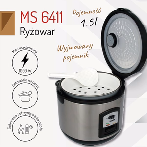 Mesko MS 6411 – riisinkeitin, 1000 W, 1,5 l, ruostumaton teräs/musta