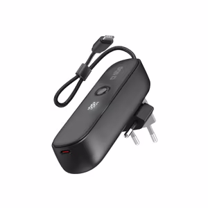 SBS Hybrid PD 20W 5000mAh tehopankki, jossa on sisäänrakennettu kaapeli ja taitettava pistoke - musta