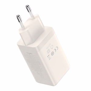 Seinälaturi Baseus GaN5 2x USB-C + USB, 65W + kaapeli 1m (valkoinen)