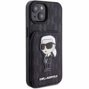 Karl Lagerfeld Saffiano Cardslots and Stand Monogram Ikonik Patch suojakuori iPhone 15:lle - musta