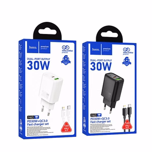 Puhelinlaturi Hoco USB-A + USB-C QC3.0 PD 3A 30W + USB-C - Lightning -kaapeli N63 valkoinen
