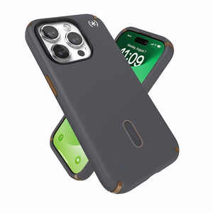 Speck Presidio2 Pro ClickLock MagSafe suojakuori iPhone 15 Pro -laitteelle, hiilenharmaa ja kylmän pronssin sävyinen