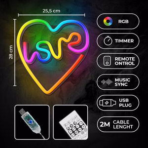 Neon LED RGB LOVE IN HEART FLRN02 + kaukosäädin Forever Light