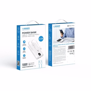 Ulkoinen akku Veger C11 (W1170) PD QC3.0 2A 22,5W 10000 mAh sisäänrakennetuilla USB C -kaapeleilla / Lightning valkoinen