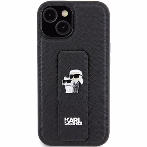 Karl Lagerfeld Gripstand Saffiano Karl&Choupette Pins Suojakuori iPhone 15:lle - musta