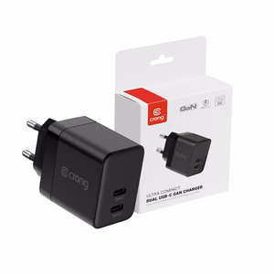 Crong Ultra Compact GaN -seinälaturi, 2 × USB-C, 35 W, PD 3.0, PPS, musta