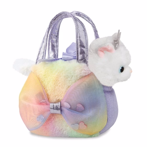 Fancy Pals ympäristöystävällinen prinsessakissa-pehmolelu suurella rusetilla ja hopeakruunulla värikkäässä laukussa, 20 cm