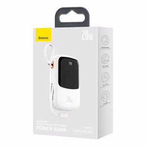Baseus Qpow Pro 20000mAh varavirtalähde - USB + Type C - PD 20W Lightning kaapelilla valkoinen