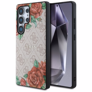 Guess Nahkainen 4G Flowers Print Metal Classic Logo MagSafe Suojakuori Samsung Galaxy S25 Ultralle - vaaleanpunainen