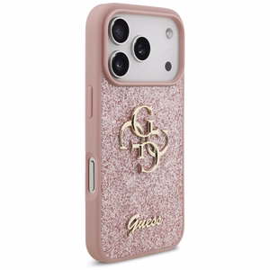 Guess PU Fixed Glitter 4G Metal Logo -kuori Apple iPhone 18 Pro -puhelimelle, vaaleanpunainen