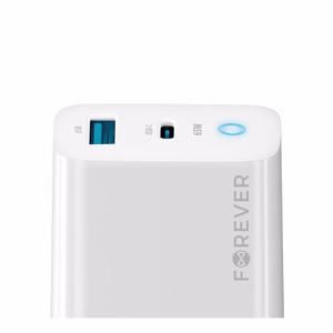 Forever TC-06-65AC GaN PD QC laturi 1x USB-C 1x USB 65W valkoinen