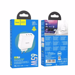 Laturi Hoco 2 x USB-C + USB-A GaN QC PD 65W N30 valkoinen