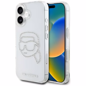 Karl Lagerfeld suojakuori iPhone 16:lle KLHCP16SHKHDCELT (IML Rhinestones K Head) - läpinäkyvä