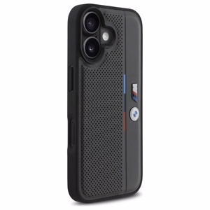 BMW M Perforated Tricolor Detail Line Suojakuori iPhone 16:lle - tummanharmaa