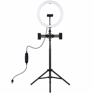 LED-rengaslamppu 30 cm pöytäjalustan kiinnikkeellä enintään 165 cm ja 3 puhelimen pidikettä, USB