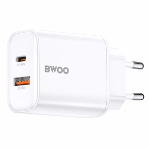 BWOO CDA207 PD 36W seinälaturi 1x USB-A + USB-C valkoinen