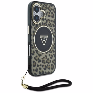 Guess HC IML Leopard Triangle Cord Strap MagSafe Suojakuori iPhone 16:lle - ruskea