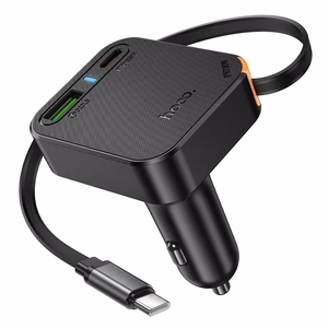 Autolaturi Hoco sisäänvedettävällä kaapelilla 2 x USB C + USB A QC PD 65W NZ18 musta