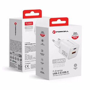 FORCELL F-ENERGY Mini GaN III VT-35C matkalaturi 1 x Type C + 1 x USB A liitännöillä, PD QC4.0 35W valkoinen