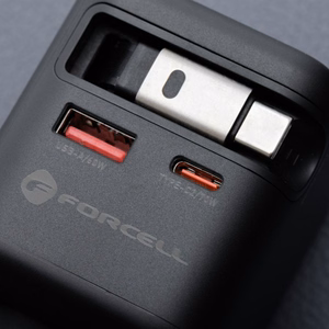 Puhelinlaturi Forcell F-Energy GaN USB C + USB A + sisäänvedettävä USB C PD QC4.0 3A 70W VT-R7 kaapeli harmaa
