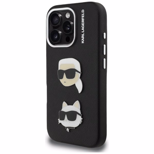 Karl Lagerfeld FW Grained Karl & Choupette Heads Pins Suojakuori iPhone 16 Pro - musta