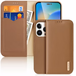 Dux Ducis Hivo Nahka Flip Cover Aidon nahan lompakko korteille ja asiakirjoille iPhone 14 Pro Ruskea