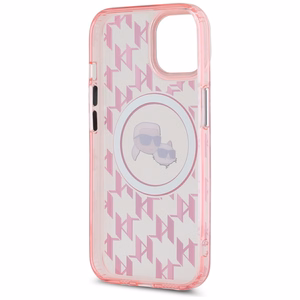 Karl Lagerfeld IML Monogram Karl & Choupette Head MagSafe Suojakuori iPhone 15 Plus:lle - Vaaleanpunainen