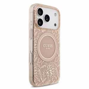 Guess IML Flowers Allover Strap MagSafe -suojakuori Apple iPhone 18 Pro -puhelimelle, vaaleanpunainen