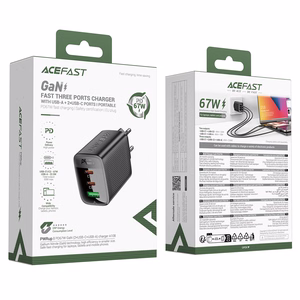 Acefast A108 GaN PD -seinälaturi, 67 W, 2 × USB-C, 1 × USB-A, musta