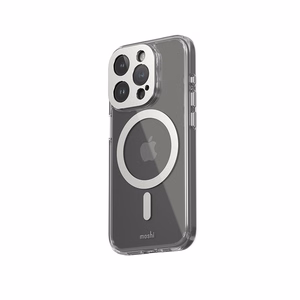 Moshi iGlaze MagSafe suojakuori iPhone 15 Pro -laitteelle, läpinäkyvä Luna Silver -yksityiskohdilla