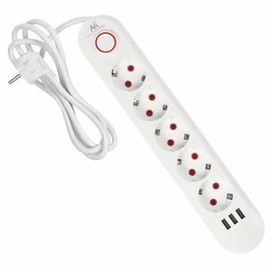 Maclean MCE395 W – jatkojohto pistorasioilla, 5 pistorasiaa + 3×USB, 110–240 V AC, 50/60 Hz, 2,1 A, enintään 2500 W, 1,5 m, valkoinen