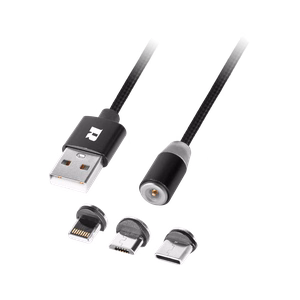 Magneettinen 3-in-1 USB-kaapeli, micro-USB, USB-C ja Lightning, 100 cm, musta