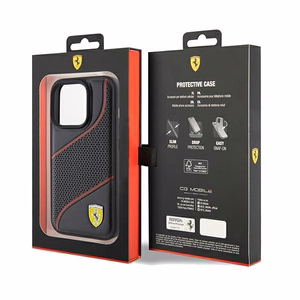 Ferrari Perforated Waves Metal Logo -suojakuori iPhone 15 Prolle - musta