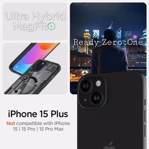 Spigen Ultra Hybrid Mag Suojakuori MagSafella iPhone 15 Plus:lle - Tummanharmaa (Zero One Pattern)