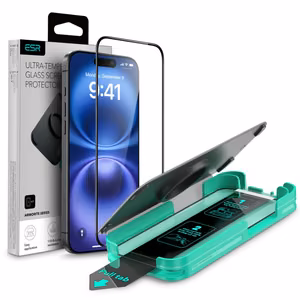 ESR Armorite Karkaistu lasi iPhone 16:lle asennustyökalulla - Mustalla kehyksellä