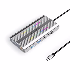 Orico XDR 12-in-1 RGB USB-C-telakointiasema USB-A USB-C 2x HDMI 4K 60Hz DisplayPort 4K 60Hz RJ45 Gigabit PD 100W SD- ja microSD-kortinlukija - hopea