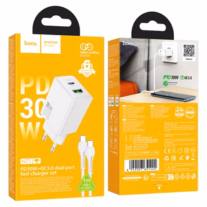 Charger Hoco N71 30W GaN USB-C/USB-A + USB-C to USB-C cable 1.0m white