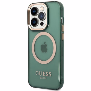 Guess GUHMP14LHTCMA iPhone 14 Pro 6.1" vihreä/khaki kovakotelo kultaääriviiva läpinäkyvä MagSafe